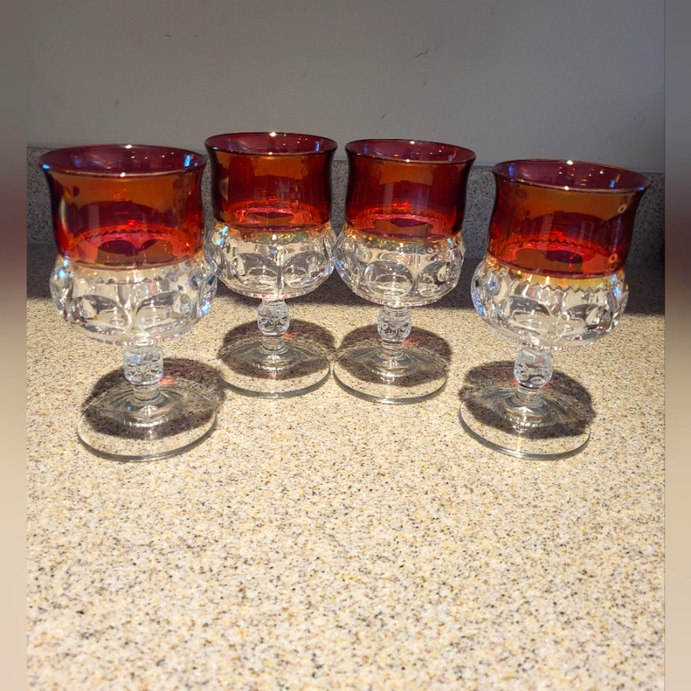 VTG Kings Crown Indiana Glass Thumbprint Cranberry Stemmed 5.75" Glass Goblets 4